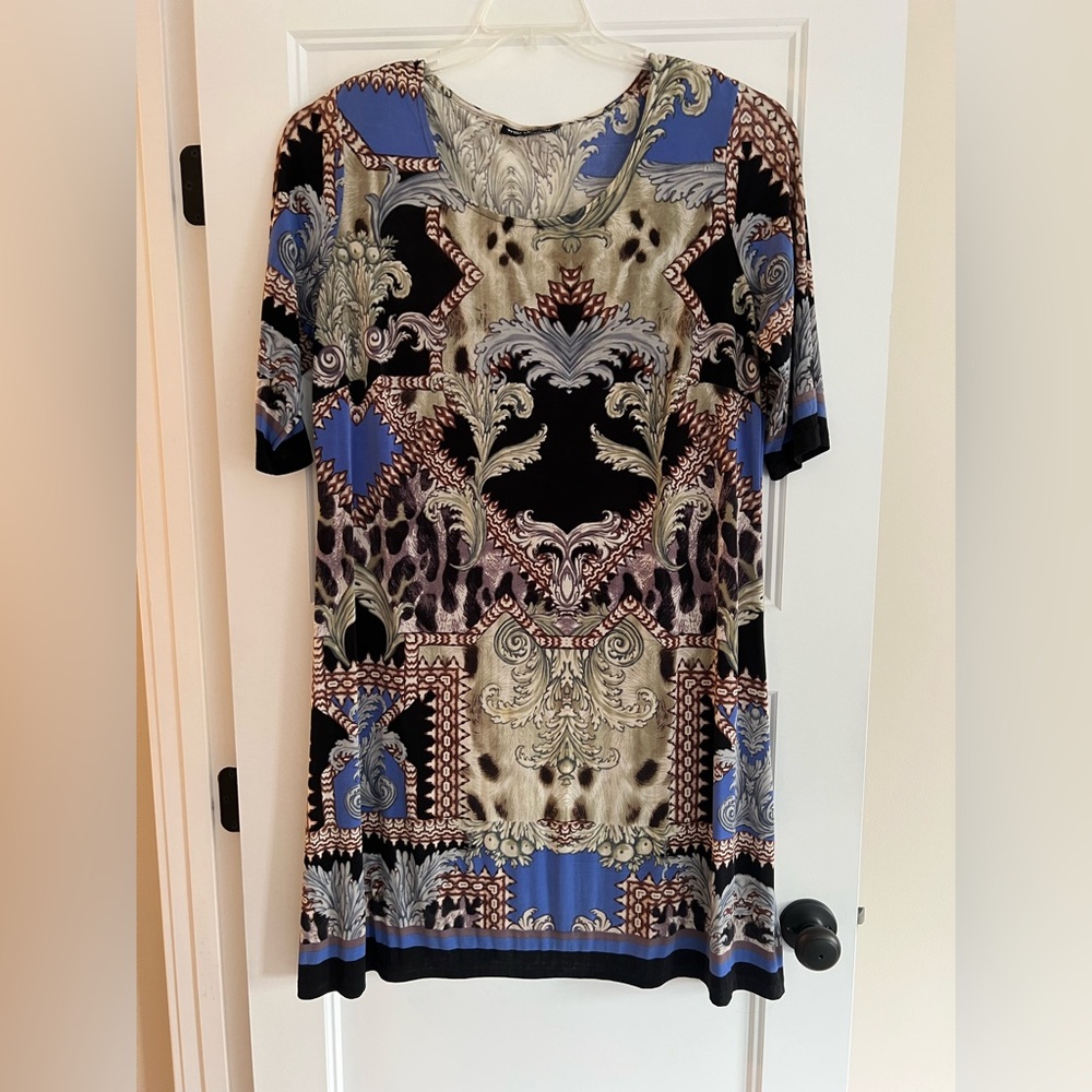 Artsy Print Tunic Dress Baroque Scarf Pattern Short Sleeve Womens 2 XL Ornate